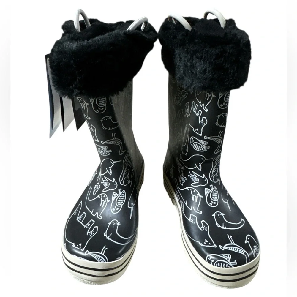 NOVA Black Dinosaur Print Rain Boots with Removable Fur Lining - Kids Size 11